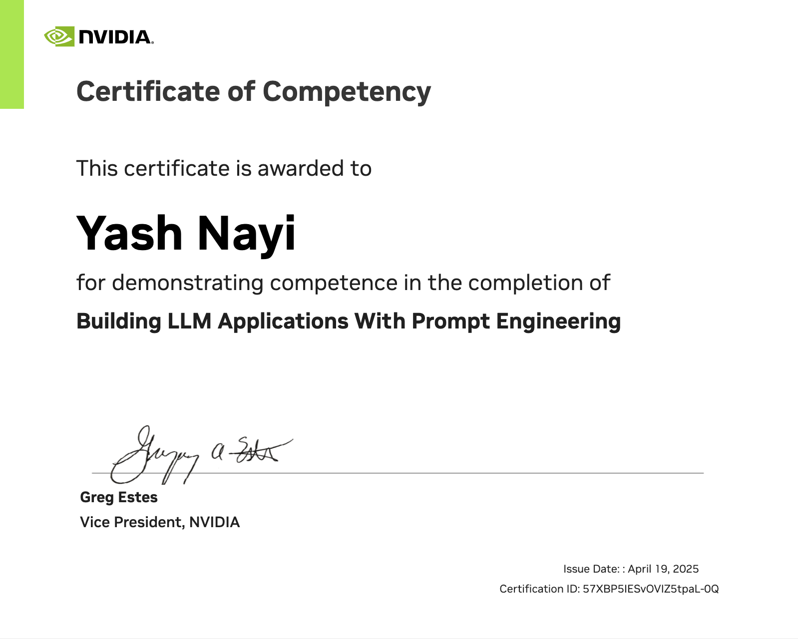 Certificate – Building LLM Applications With Prompt Engineering